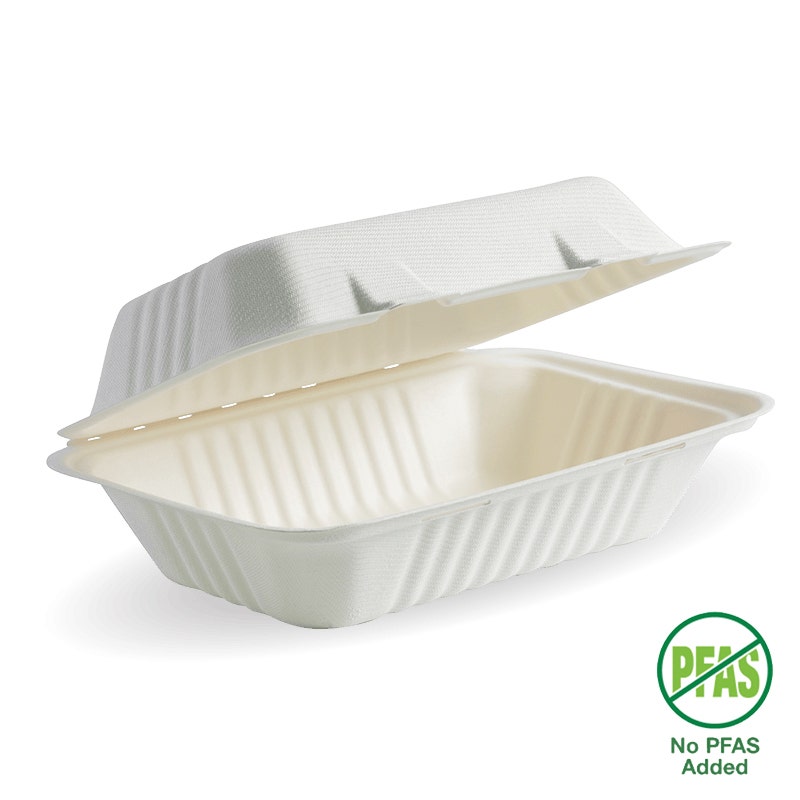 BioCane Clamshell - White - No-Added PFAS - 23x15x8cm / 9x6x3" - 250/ctn - - BioPak commercial catering consumable
