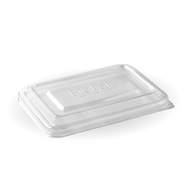 Rectangle RPET Takeaway Lid - 500&600ml - 500/ctn - clear - BioPak commercial catering consumable