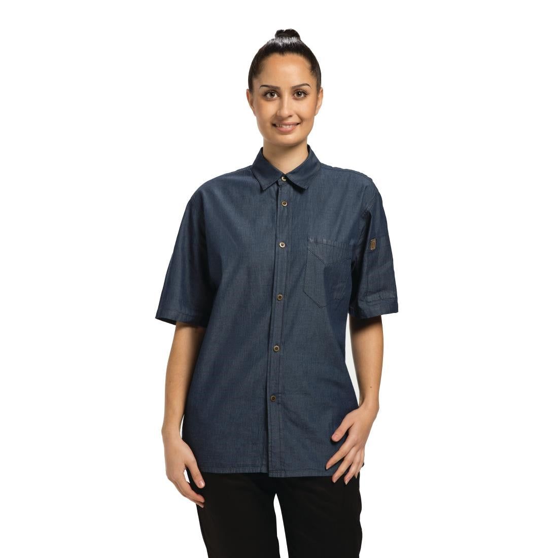 B074-M Chef Works Detroit Unisex Denim Shirt Short Sleeve Blue M