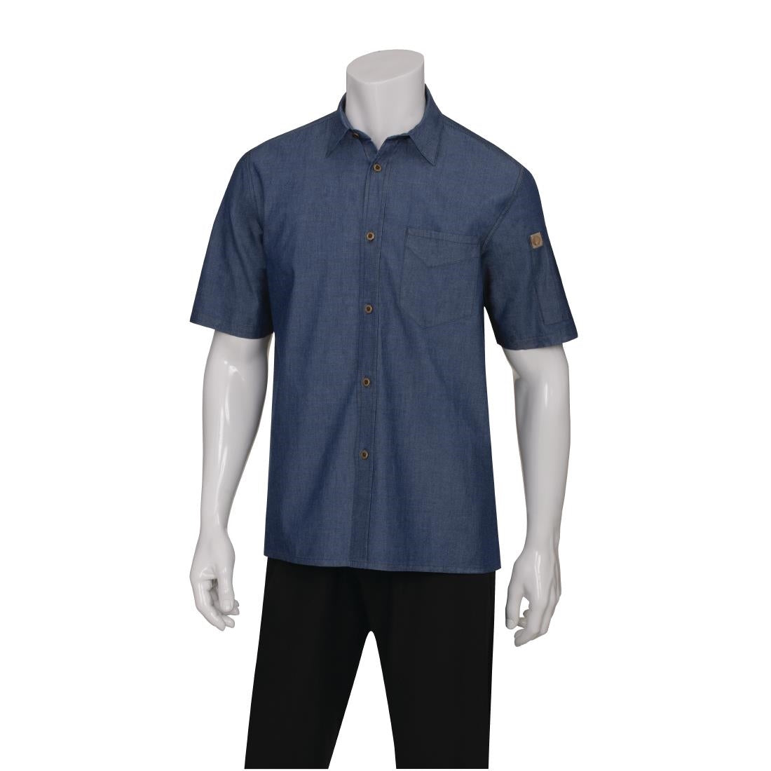 B074-M Chef Works Detroit Unisex Denim Shirt Short Sleeve Blue M