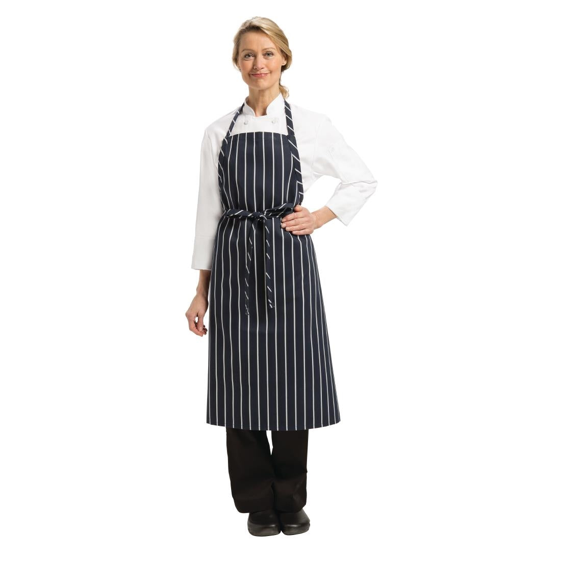 B249 Chef Works Premium Woven Bib Apron Navy and White Stripe