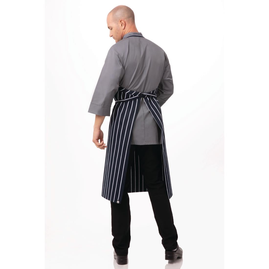B249 Chef Works Premium Woven Bib Apron Navy and White Stripe