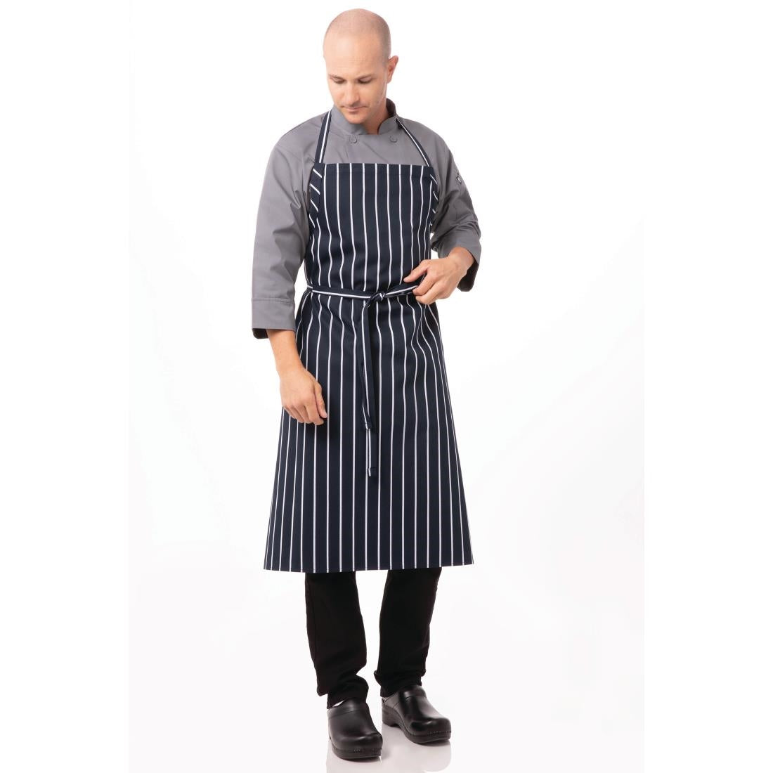 B249 Chef Works Premium Woven Bib Apron Navy and White Stripe