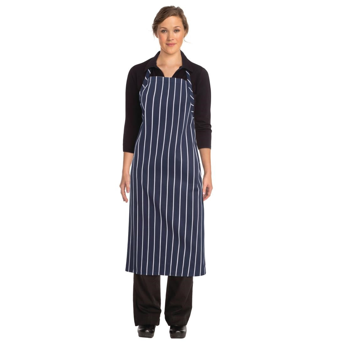 B249 Chef Works Premium Woven Bib Apron Navy and White Stripe