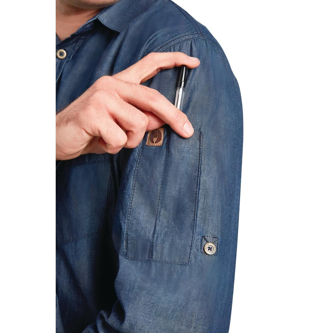 B776-XS Chef Works Urban Detroit Long Sleeve Denim Shirt Blue XS