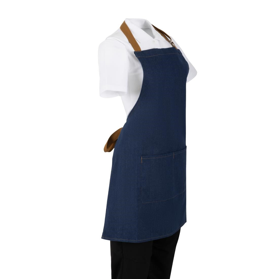 BA158 Southside Short Length Bib Apron Denim Blue with Tan Ties