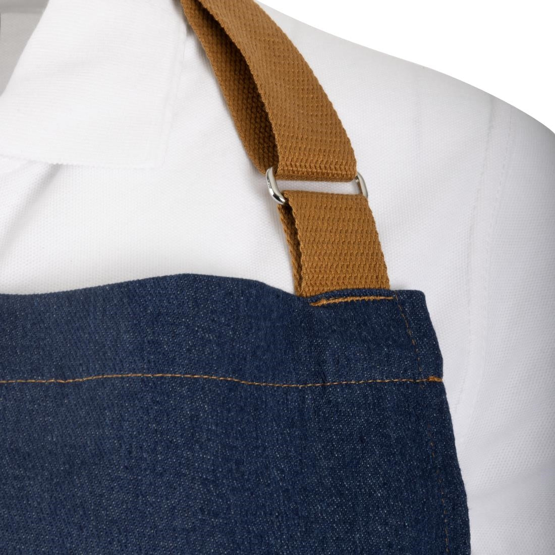 BA158 Southside Short Length Bib Apron Denim Blue with Tan Ties