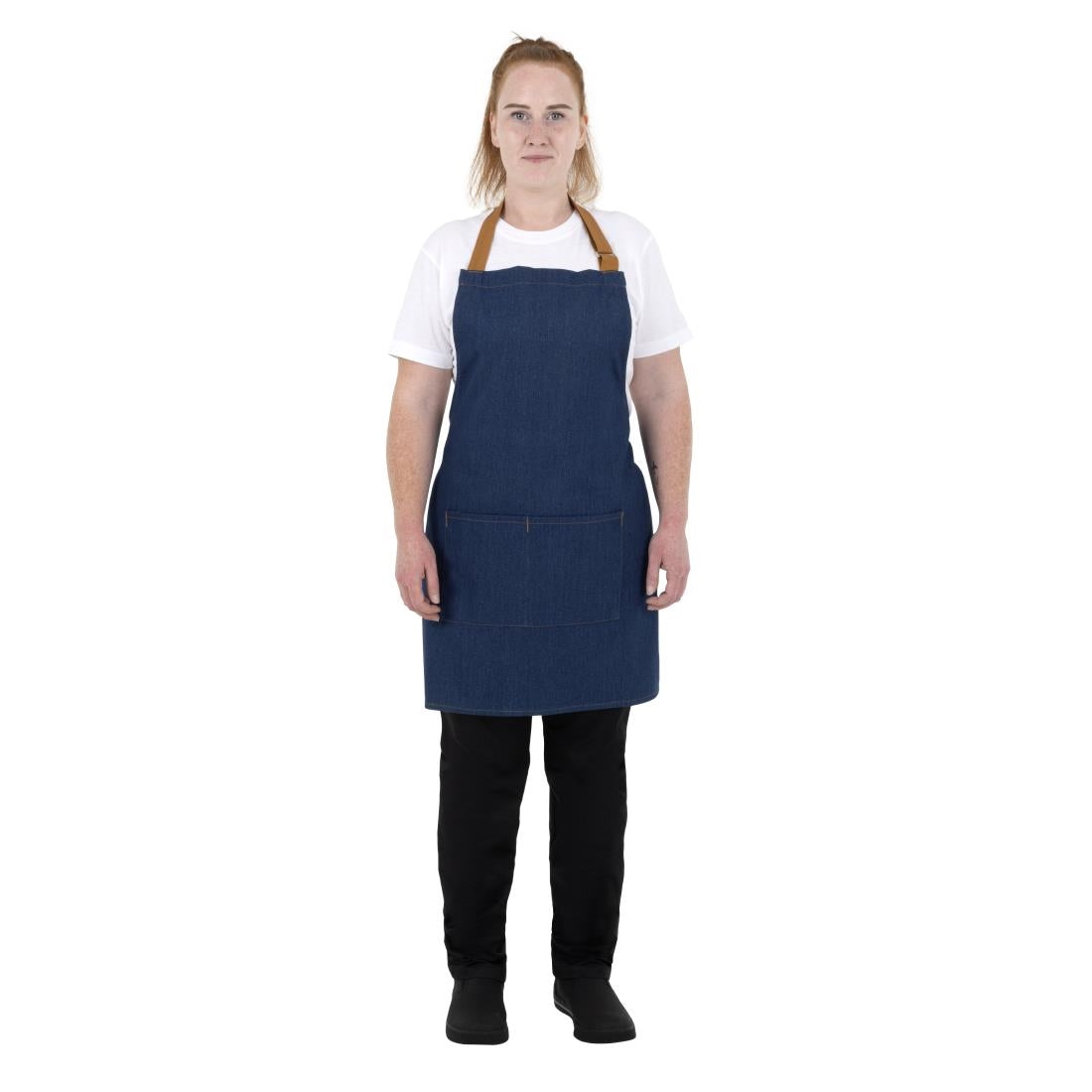 BA158 Southside Short Length Bib Apron Denim Blue with Tan Ties