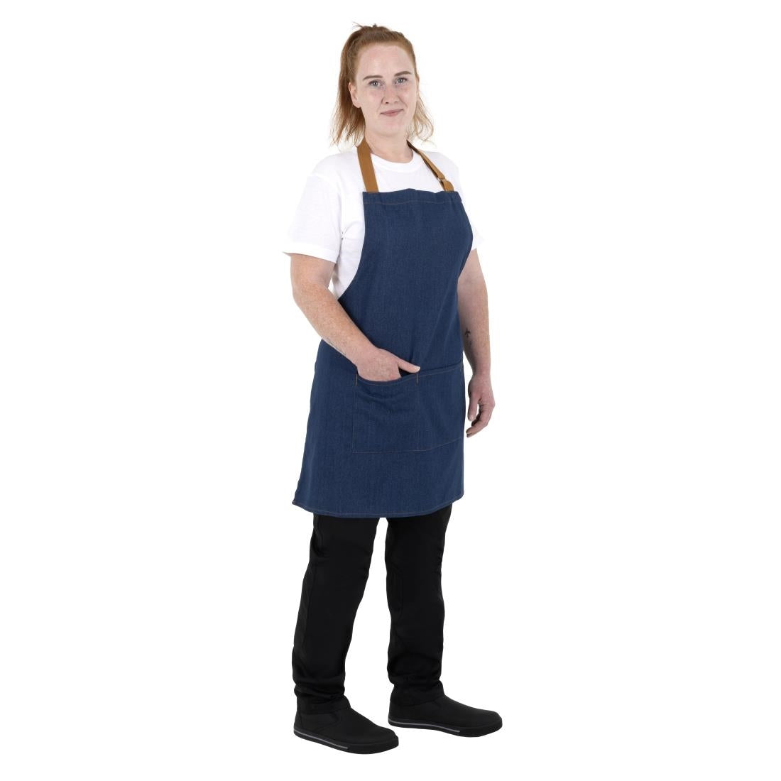 BA158 Southside Short Length Bib Apron Denim Blue with Tan Ties