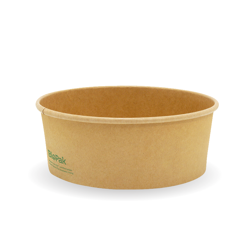 Wide Paper PLA Lined BioBowl - Kraft - Extra Large - 1300ml - 200/carton - printed kraft-look - BioPak commercial catering consumable