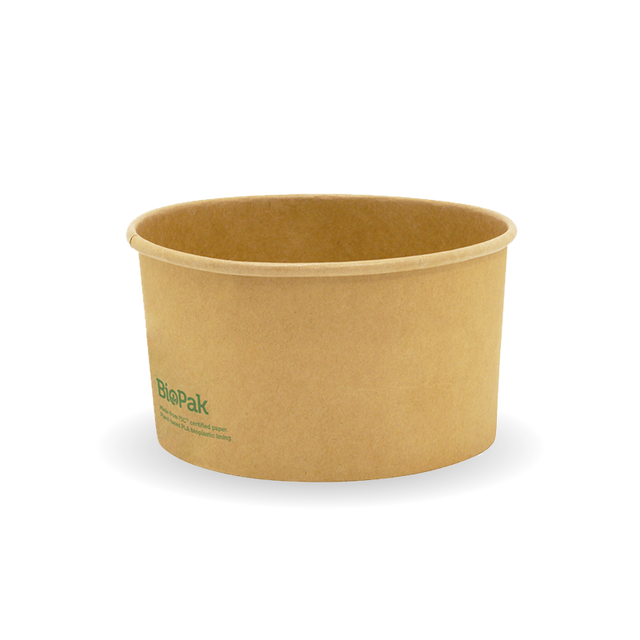 Wide Paper PLA Lined BioBowl - Kraft - Large - 1000ml - 400/ctn - printed kraft-look - BioPak commercial catering consumable