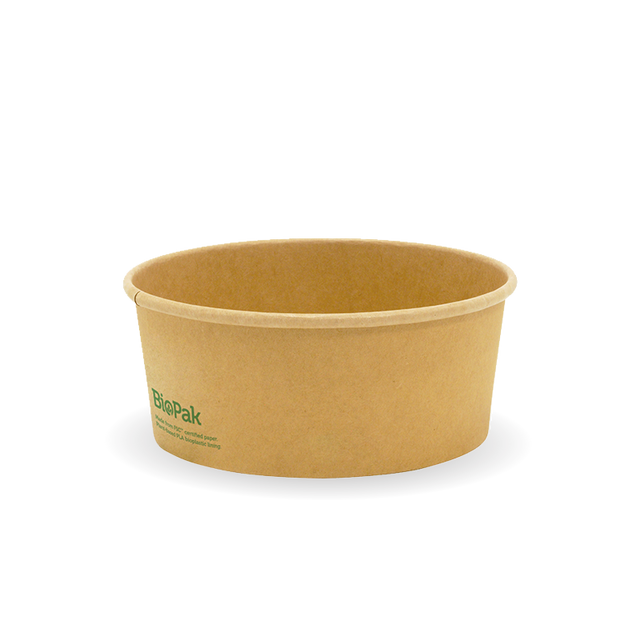 Wide Paper PLA Lined BioBowl - Kraft - Medium- 750ml - 400/ctn - printed kraft-look - BioPak commercial catering consumable