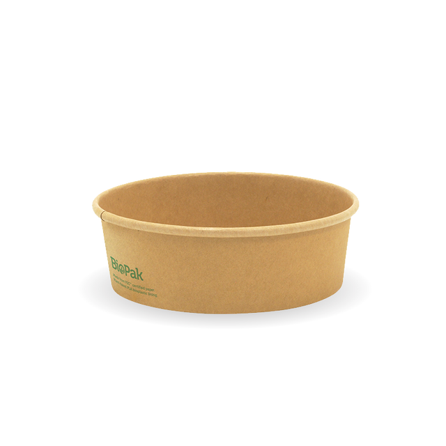 Wide Paper PLA Lined BioBowl - Kraft - Small - 500ml - 400/ctn - printed kraft-look - BioPak commercial catering consumable