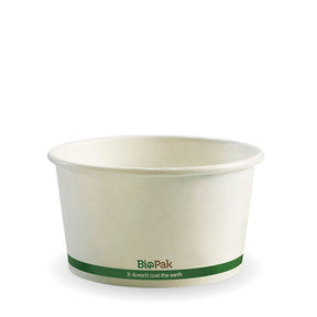 Paper PLA Lined BioBowl- White - 430ml / 12oz - 500/ctn - white green stripe - BioPak commercial catering consumable