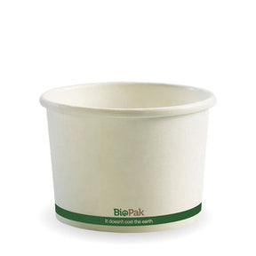 Paper PLA Lined BioBowl - White - 550ml / 16oz - 500/ctn - white green stripe - BioPak commercial catering consumable