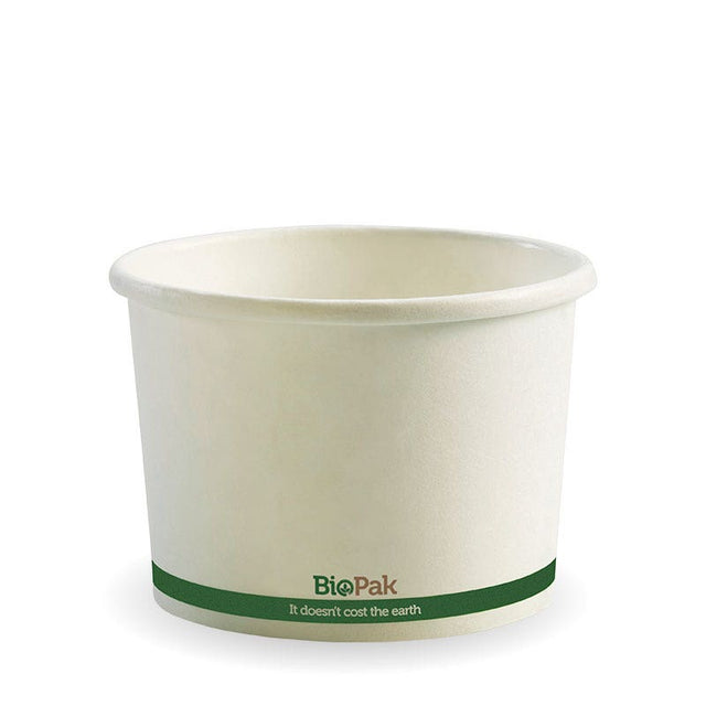 Paper PLA Lined BioBowl - White - 550ml / 16oz - 500/ctn - white green stripe - BioPak commercial catering consumable