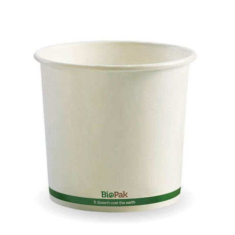 Paper PLA Lined BioBowl - White - 740ml / 24oz - 500/ctn - white green stripe - BioPak commercial catering consumable