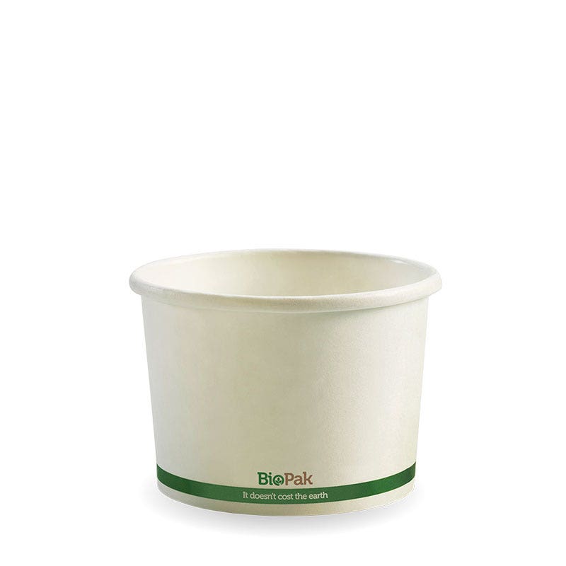 Paper PLA Lined BioBowl - White - 250ml / 8oz - 1,000/ctn - white green stripe - BioPak commercial catering consumable