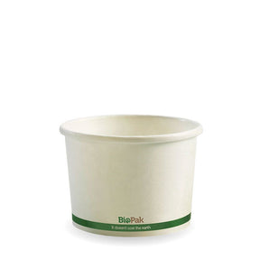 Paper PLA Lined BioBowl - White - 250ml / 8oz - 1,000/ctn - white green stripe - BioPak commercial catering consumable