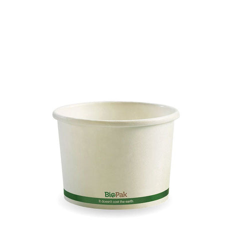 Paper PLA Lined BioBowl - White - 250ml / 8oz - 1,000/ctn - white green stripe - BioPak commercial catering consumable