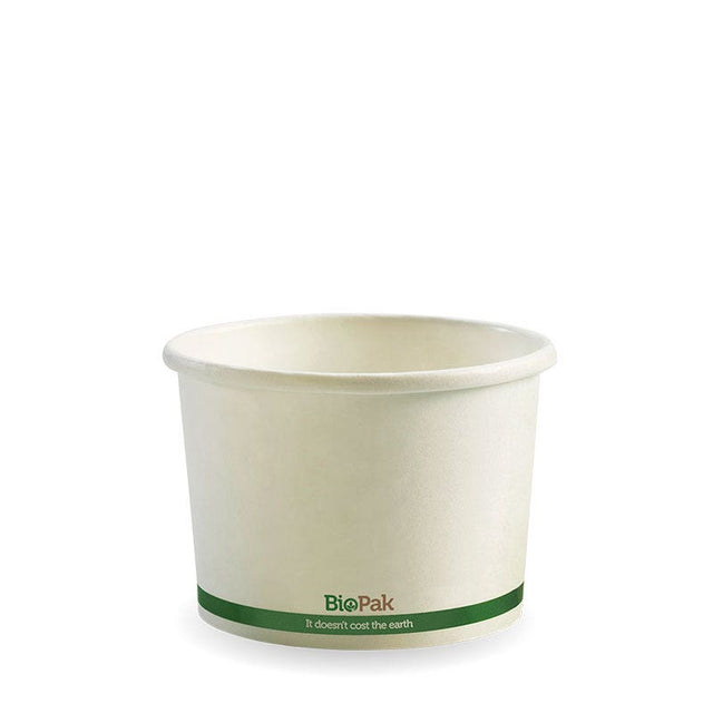 Paper PLA Lined BioBowl - White - 250ml / 8oz - 1,000/ctn - white green stripe - BioPak commercial catering consumable