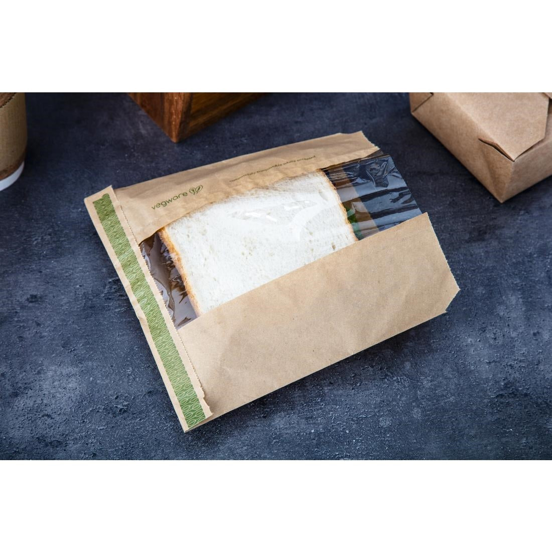 CL741 Vegware Compostable Kraft Sandwich Bags with NatureFlex Window Small (Pack of 1000)