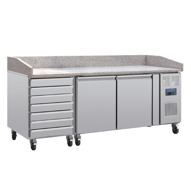 Polar U-Series Double Door Pizza Counter with Granite Top & Dough Drawers 290Ltr