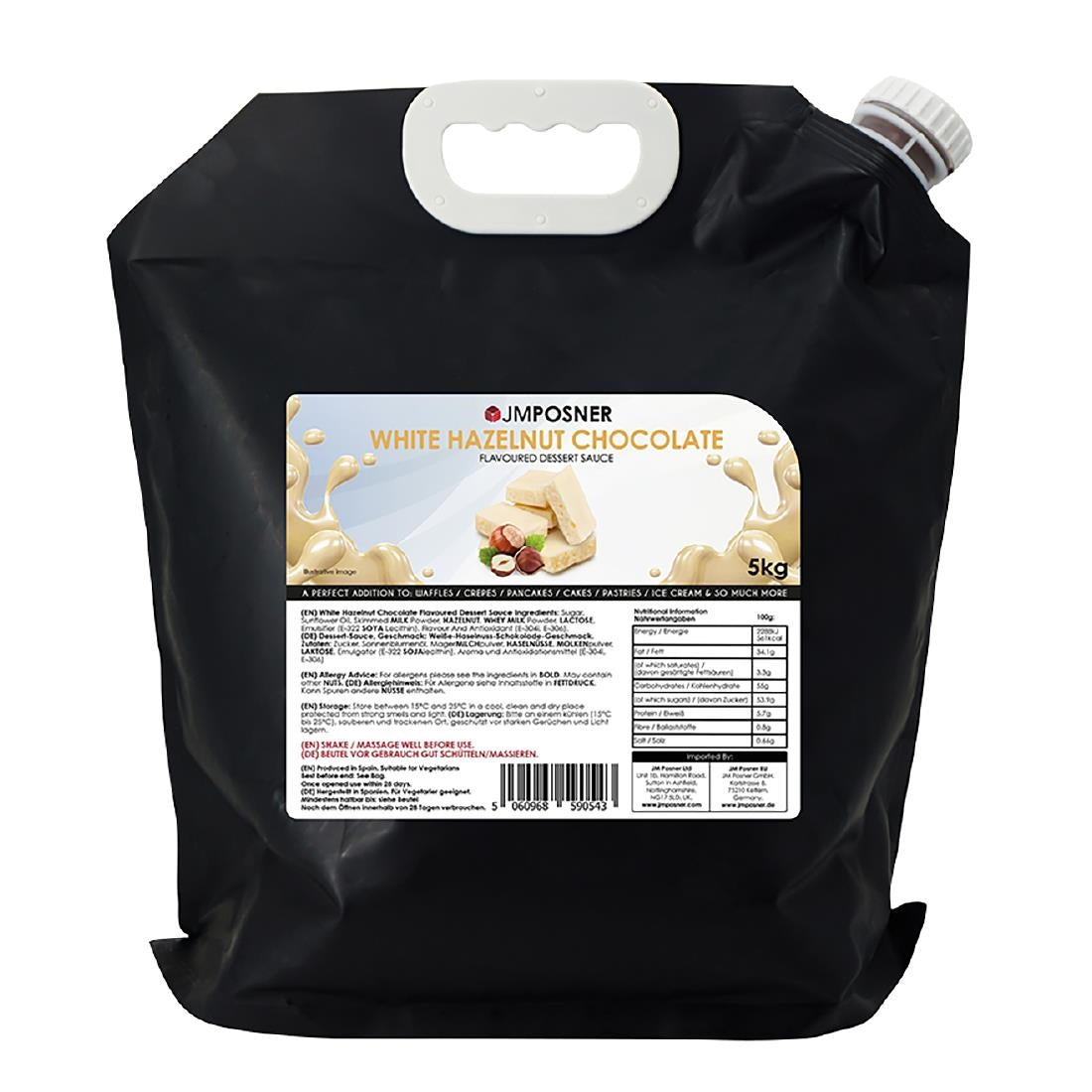 DX520 JM Posner Liquid White Chocolate Hazelnut Sauce Spout Bag (5kg)