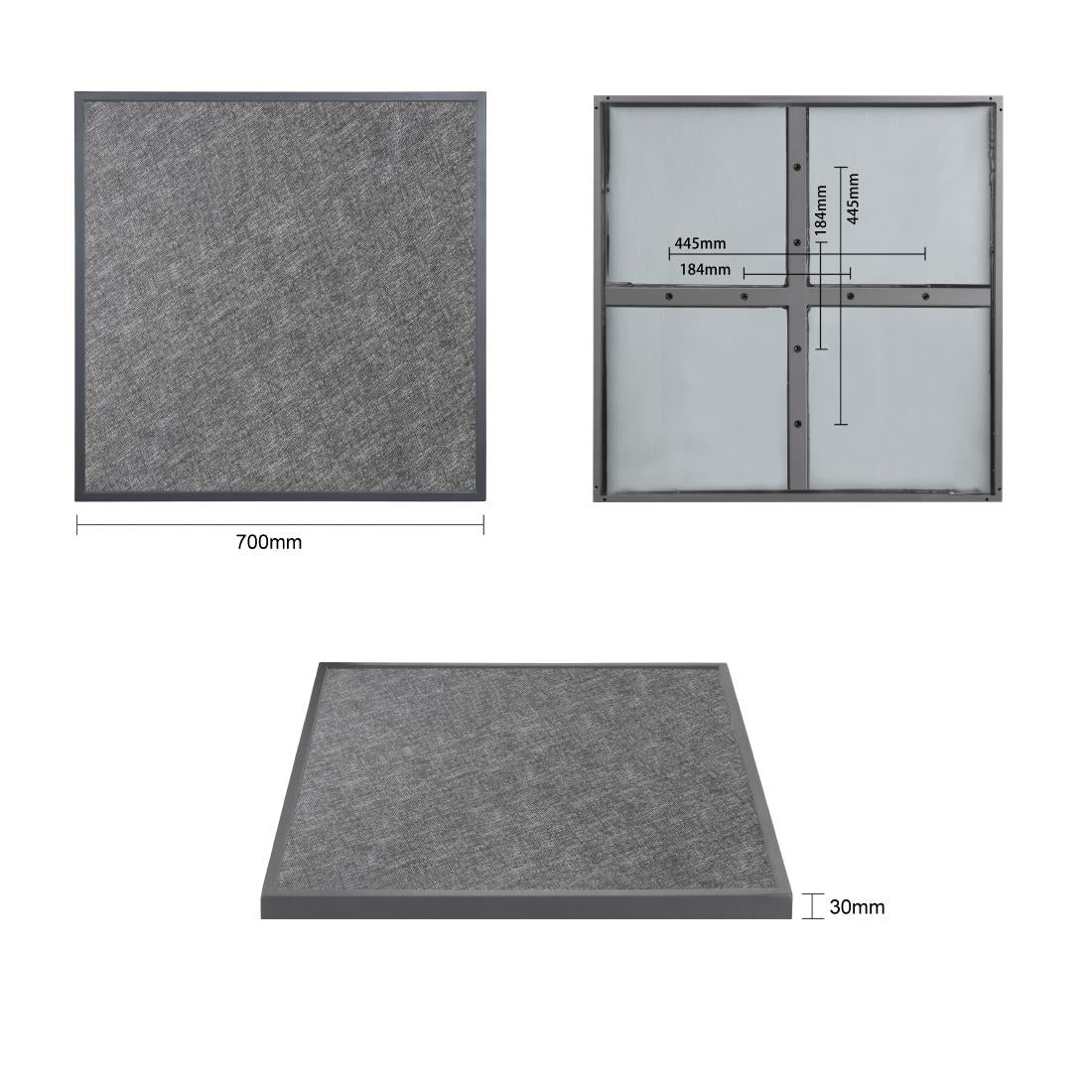 DZ873 Bolero Black Brushed Mix Outdoor Tempered Glass Table Top Square Grey Trim 700mm