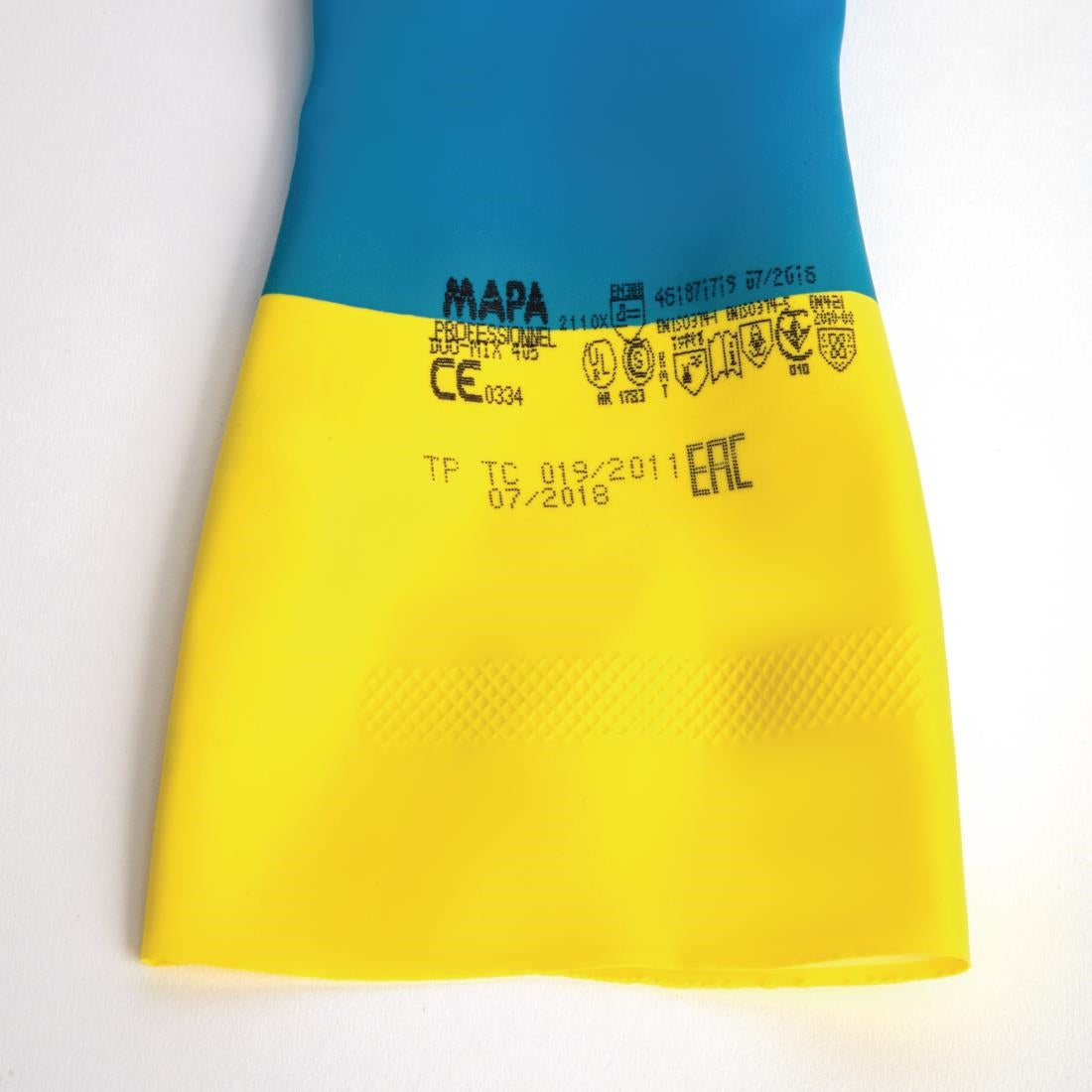 FA296-L MAPA Alto 405 Liquid-Proof Heavy-Duty Janitorial Gloves Blue and Yellow Large
