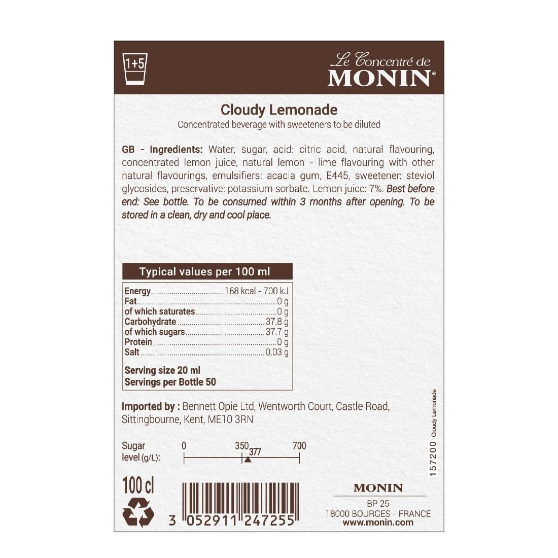 FU454 Monin Premium Cloudy Lemonade Concentrate 1Ltr