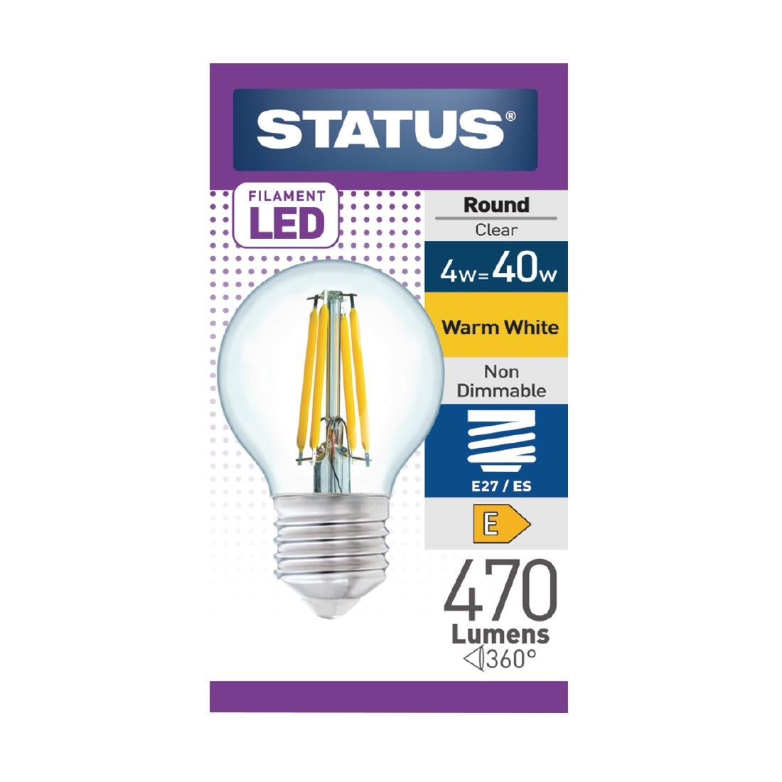 FW523 Status Filament LED Round ES Warm White Light Bulb 4/40w