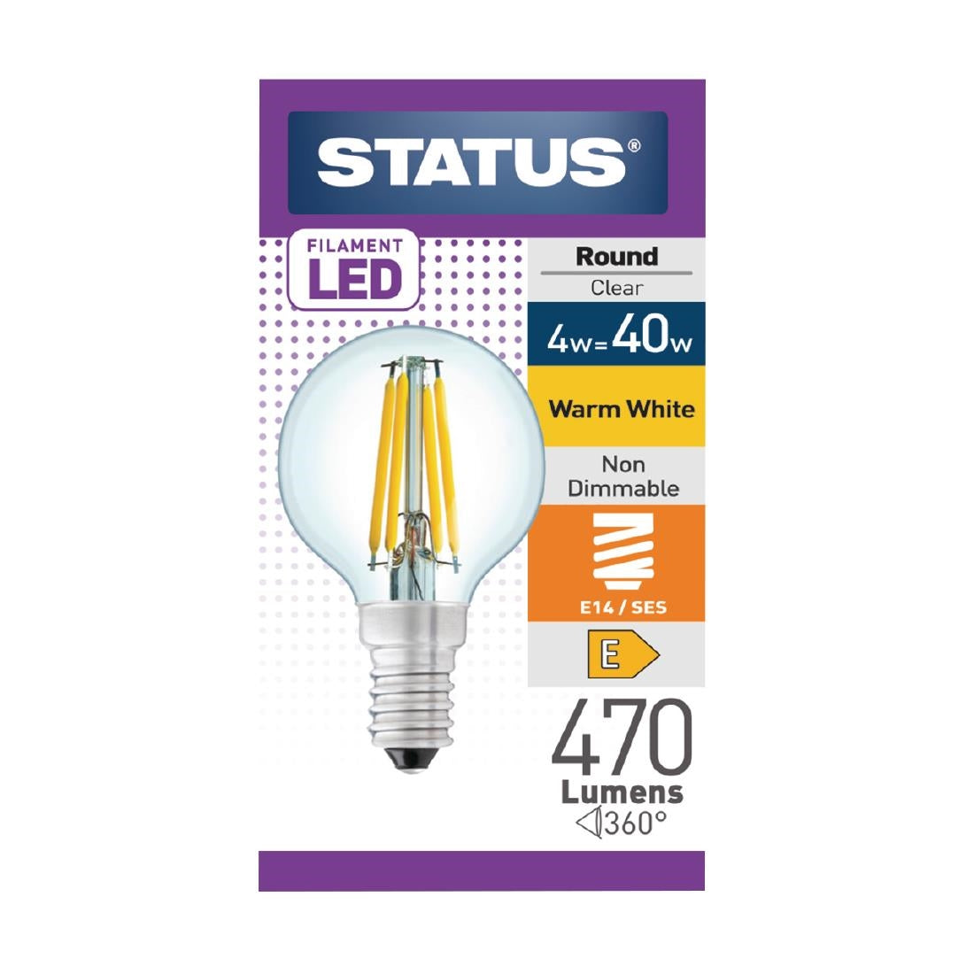 FW524 Status Filament LED Round SES Warm White Light Bulb 4/40w