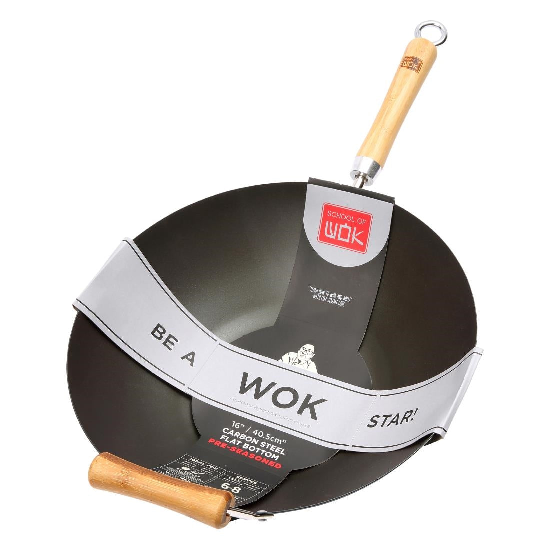 HR298 Dexam School of Wok Carbon Steel Flat Base Non-Stick Wok 405mm