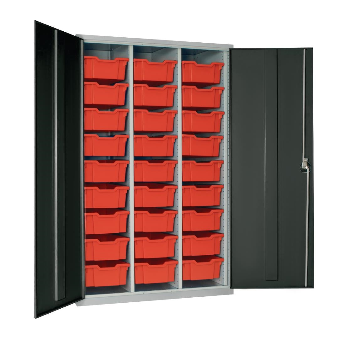 HR681 27 Tray High-Capacity Storage Cupboard - Dark Grey with Red Trays