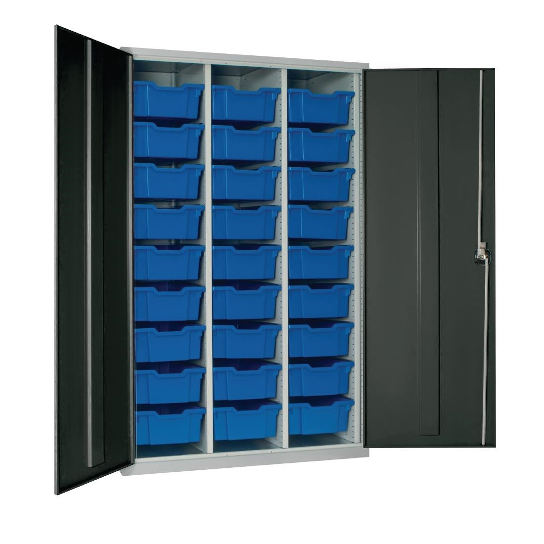 HR685 27 Tray High-Capacity Storage Cupboard - Dark Grey with Blue Trays