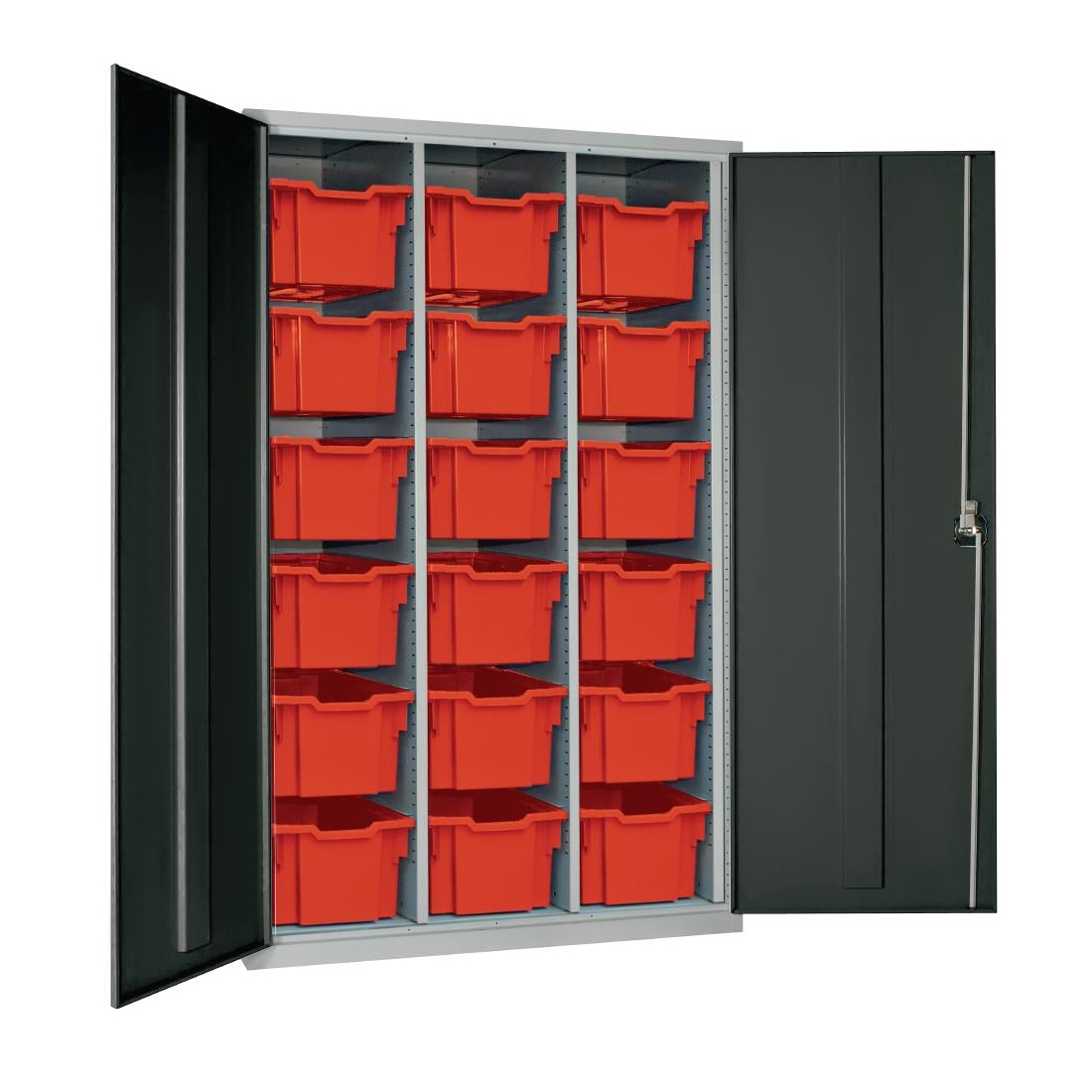 HR693 18 Tray High-Capacity Storage Cupboard - Dark Grey with Red Trays