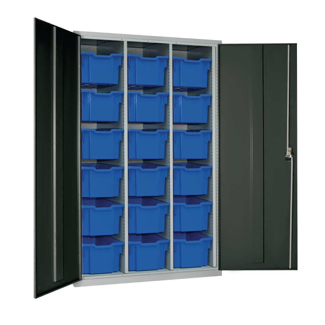 HR697 18 Tray High-Capacity Storage Cupboard - Dark Grey with Blue Trays