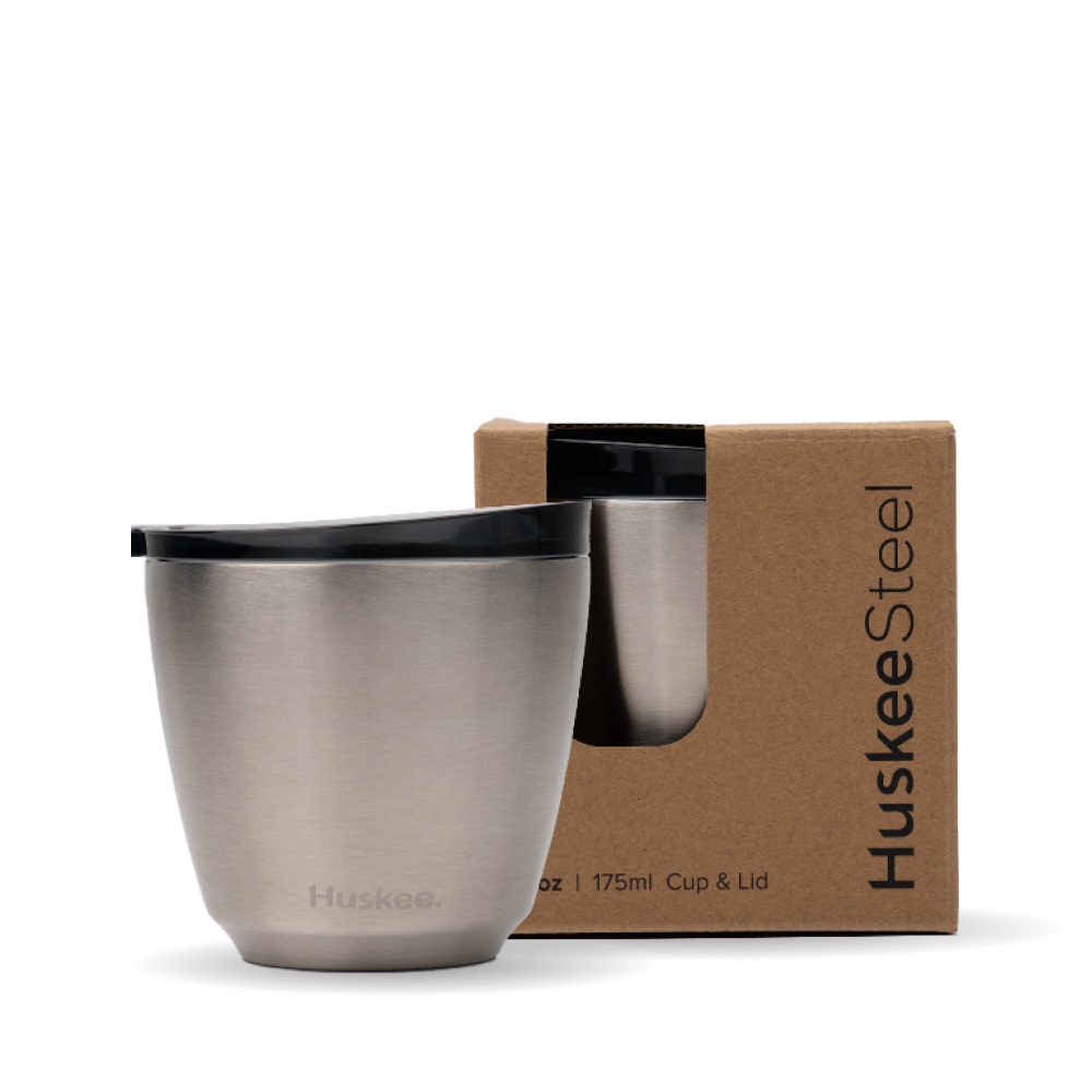 6oz HuskeeSteel Brushed Steel Cup & Lid (x12) - - BioPak commercial catering consumable