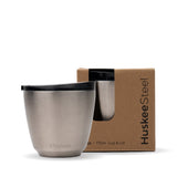 6oz HuskeeSteel Brushed Steel Cup & Lid (x12) - - BioPak commercial catering consumable