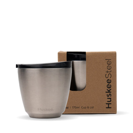 6oz HuskeeSteel Brushed Steel Cup & Lid (x12) - - BioPak commercial catering consumable