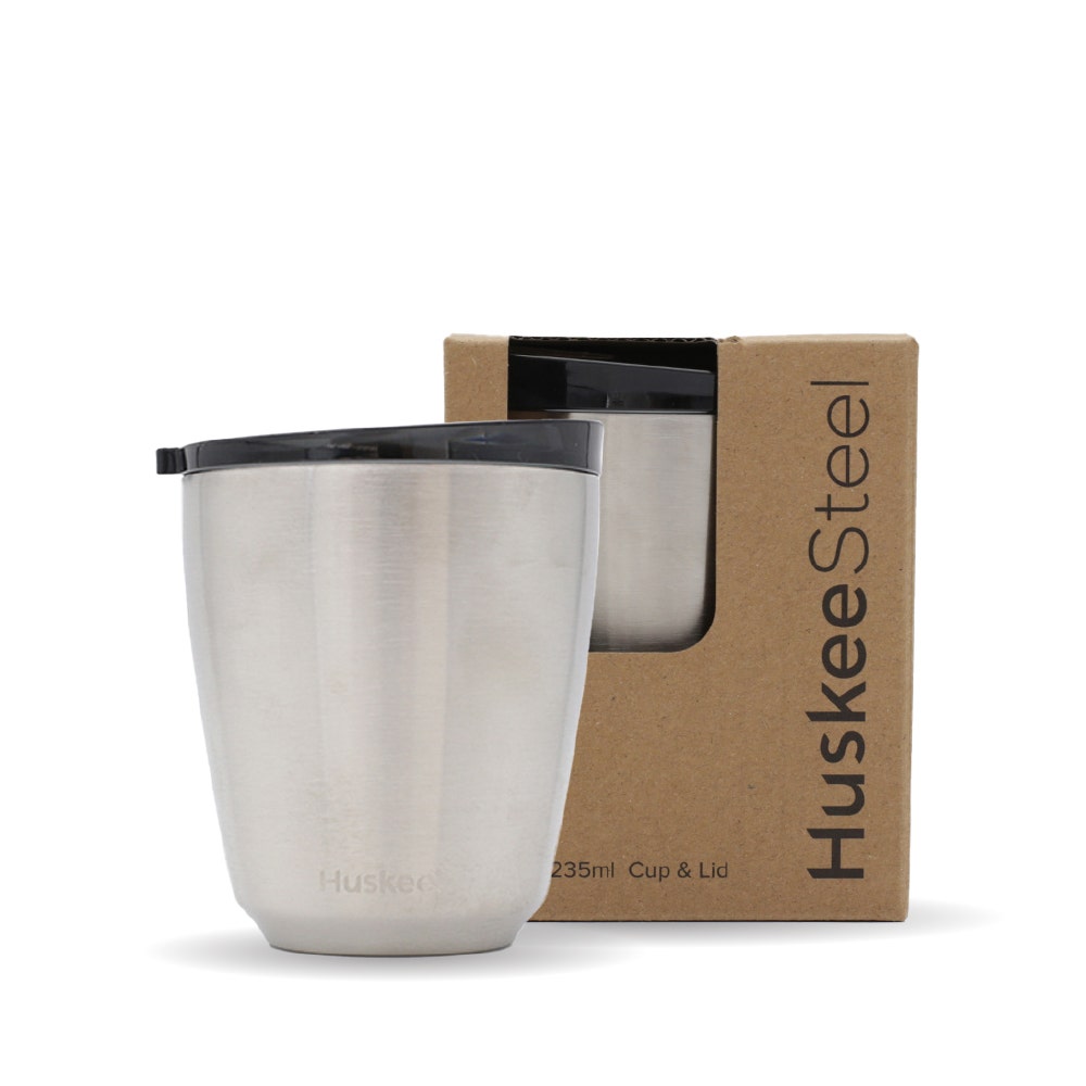 8oz HuskeeSteel Brushed Steel Cup & Lid (x12) - - BioPak commercial catering consumable