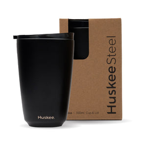 12oz HuskeeSteel Black Cup & Lid (x12) - - BioPak commercial catering consumable