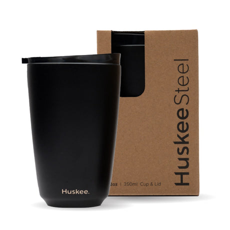 12oz HuskeeSteel Black Cup & Lid (x12) - - BioPak commercial catering consumable