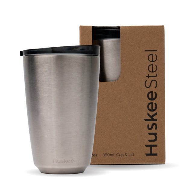 12oz HuskeeSteel Brushed Steel Cup & Lid (x12) - - BioPak commercial catering consumable