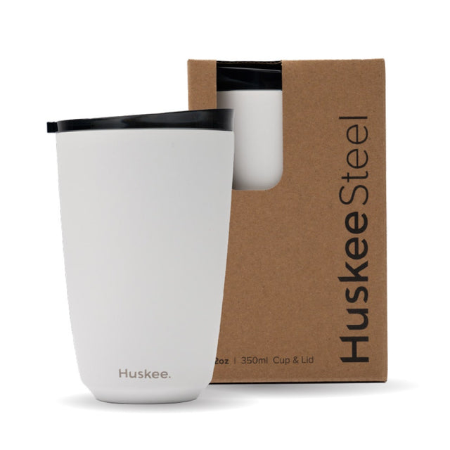 12oz HuskeeSteel White Cup & Lid (x12) - - BioPak commercial catering consumable