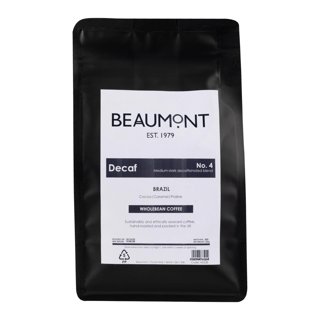 HS538 Beaumont No.4 Decaf Coffee Beans 250g