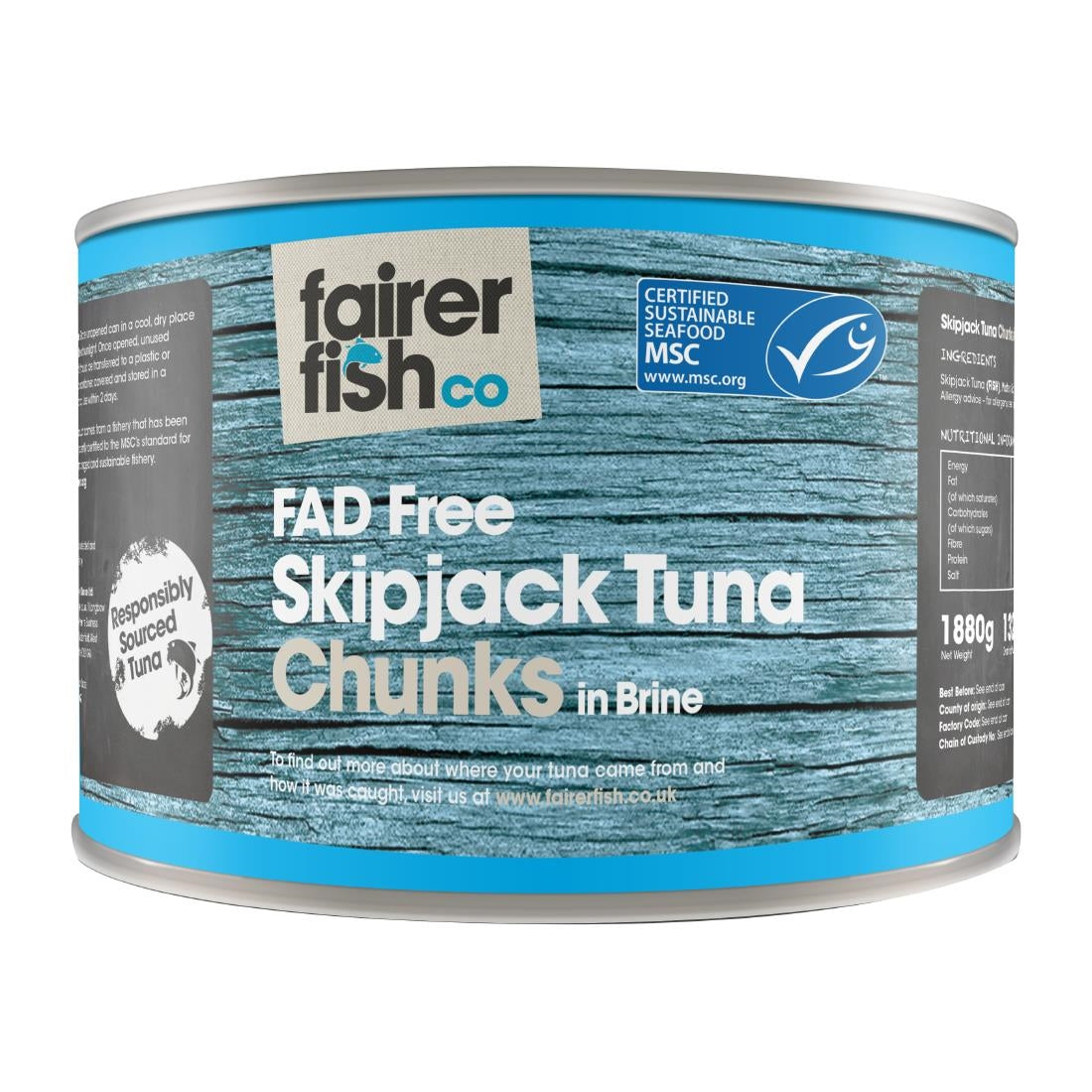 HW303 Fairer Fish MSC Free School Tuna Chunks in Brine 1.88kg