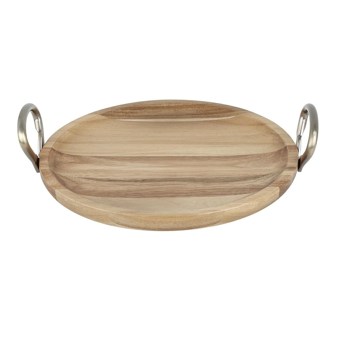 HX388 - Olympia Round Dish Acacia Wood With Metal Handles 345x305x80mm