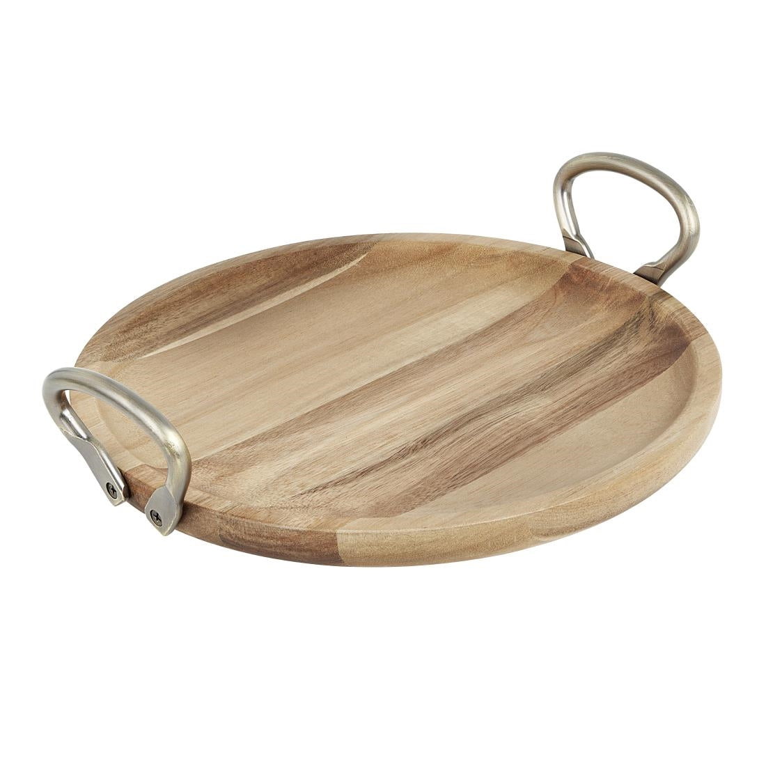 HX388 - Olympia Round Dish Acacia Wood With Metal Handles 345x305x80mm